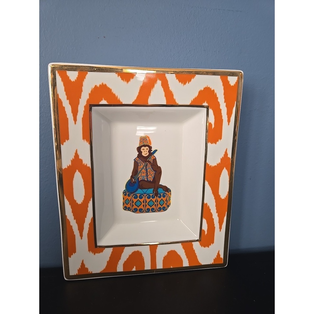 C. Wonder Monkey Gold Rimmed Porcelain  Plate Trinket Dish Tray 6.5" x 7.5"
